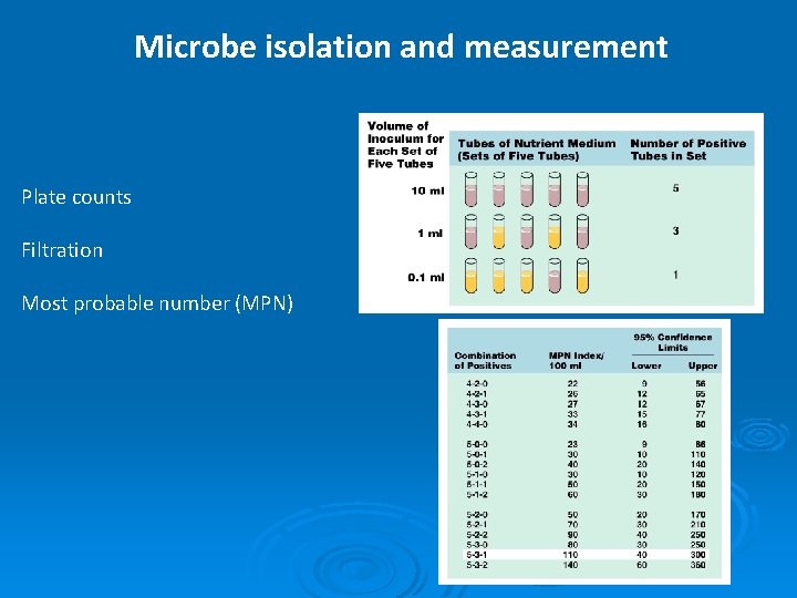 Microbe isolation and measurement Plate counts Filtration Most probable number (MPN) 