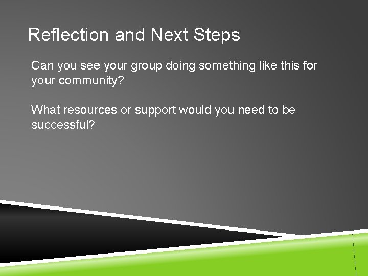 Reflection and Next Steps Can you see your group doing something like this for