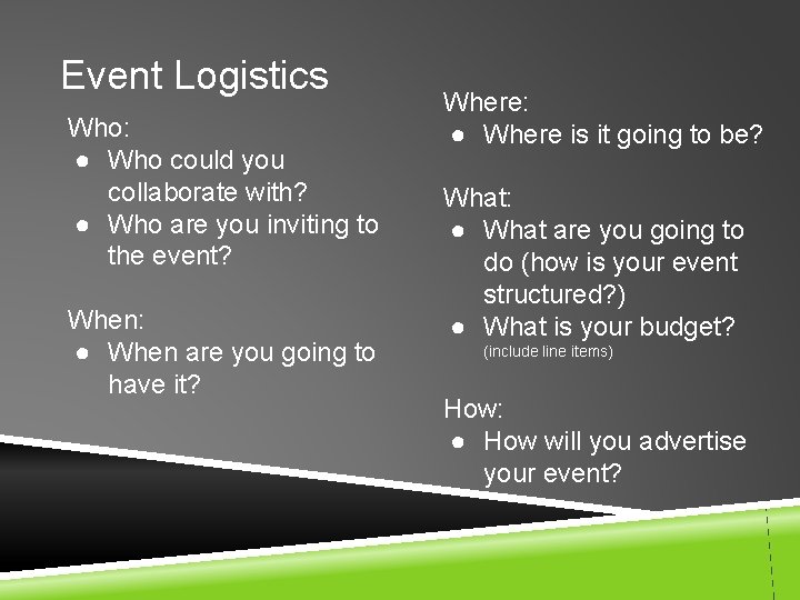 Event Logistics Who: ● Who could you collaborate with? ● Who are you inviting