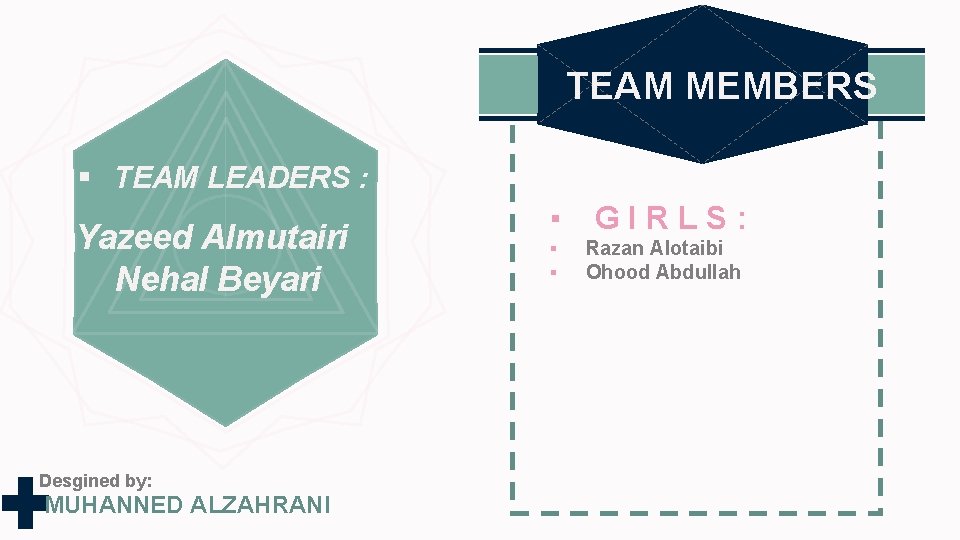 TEAM MEMBERS § TEAM LEADERS : Yazeed Almutairi Nehal Beyari Desgined by: MUHANNED ALZAHRANI