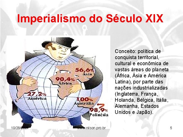 Imperialismo do Século XIX Conceito: política de conquista territorial, cultural e econômica de vastas