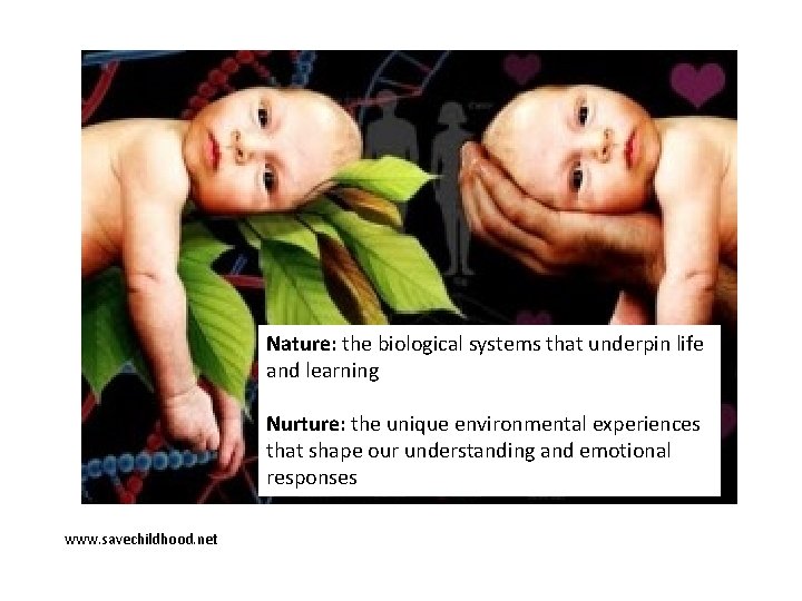 Nature: the biological systems that underpin life and learning Nurture: the unique environmental experiences