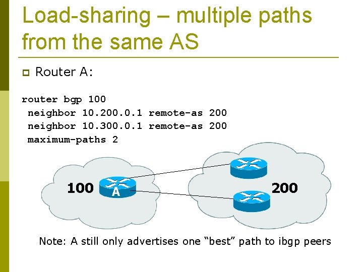 Load-sharing – multiple paths from the same AS Router A: router bgp 100 neighbor