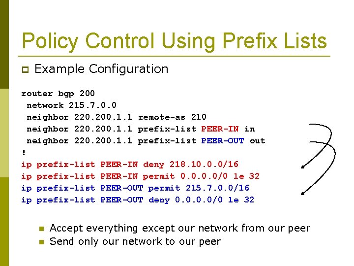 Policy Control Using Prefix Lists Example Configuration router bgp 200 network 215. 7. 0.