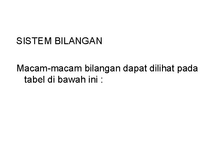 SISTEM BILANGAN Macam-macam bilangan dapat dilihat pada tabel di bawah ini : 