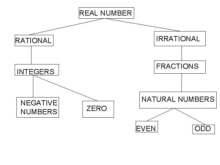 REAL NUMBER IRRATIONAL FRACTIONS INTEGERS NEGATIVE NUMBERS NATURAL NUMBERS ZERO EVEN ODD 