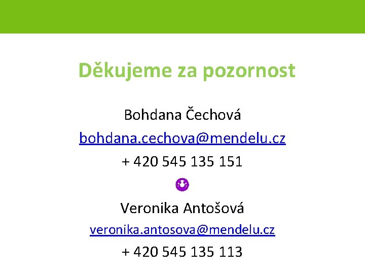 Děkujeme za pozornost Bohdana Čechová bohdana. cechova@mendelu. cz + 420 545 135 151 Veronika