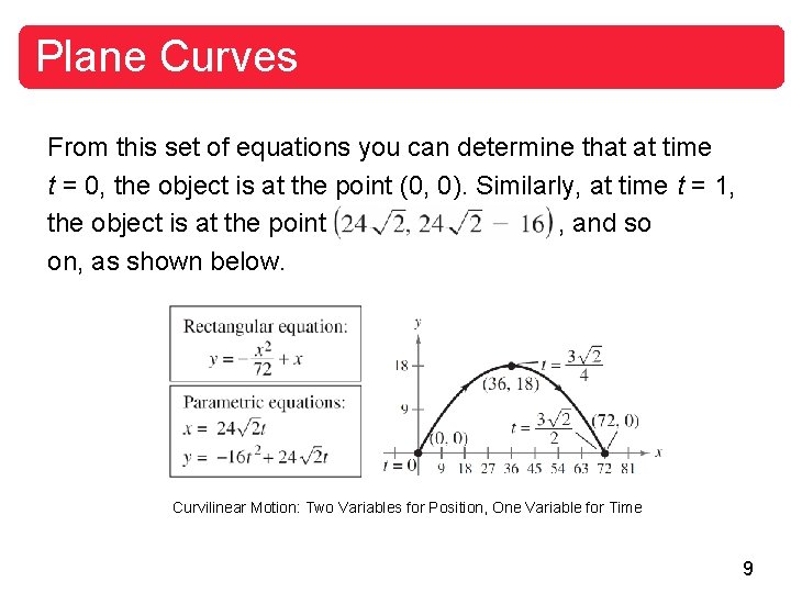 Plane Curves From this set of equations you can determine that at time t Plane Curves From this set of equations you can determine that at time t
