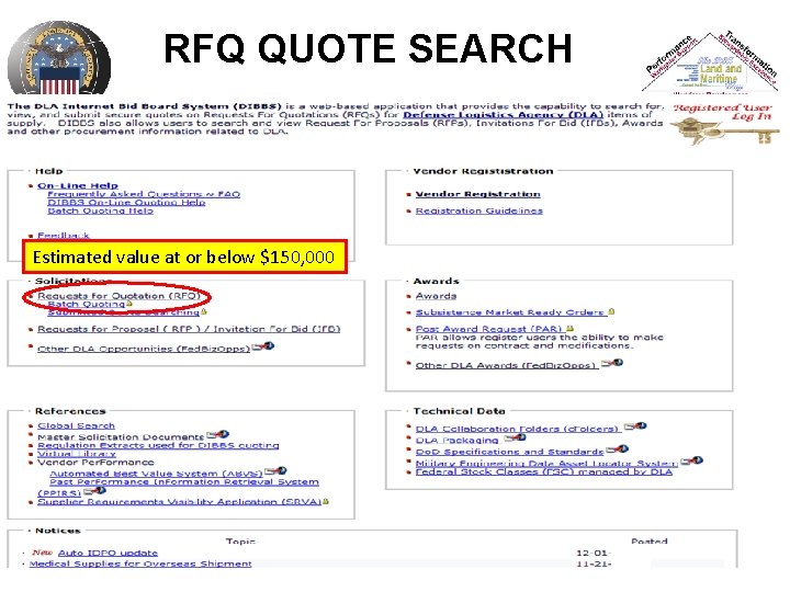RFQ QUOTE SEARCH Estimated value at or below $150, 000 
