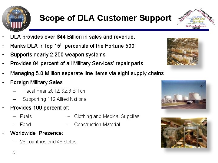 Scope of DLA Customer Support • DLA provides over $44 Billion in sales and