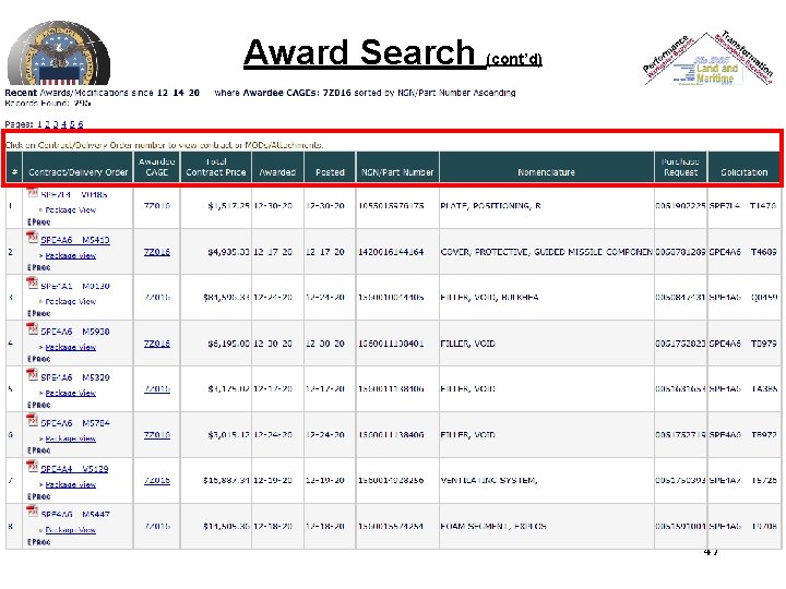 Award Search (cont’d) 47 