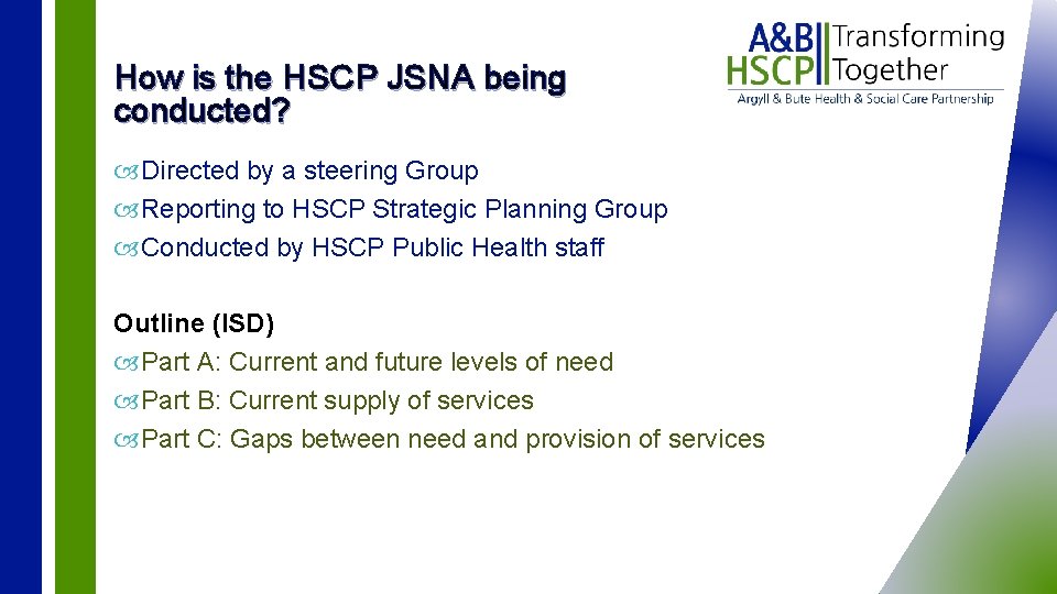 How is the HSCP JSNA being conducted? Directed by a steering Group Reporting to