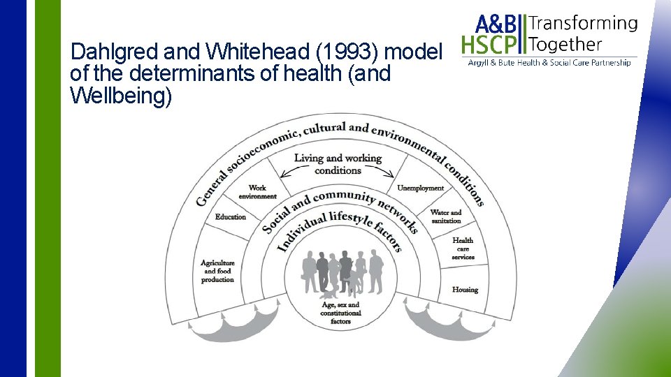 Dahlgred and Whitehead (1993) model of the determinants of health (and Wellbeing) 