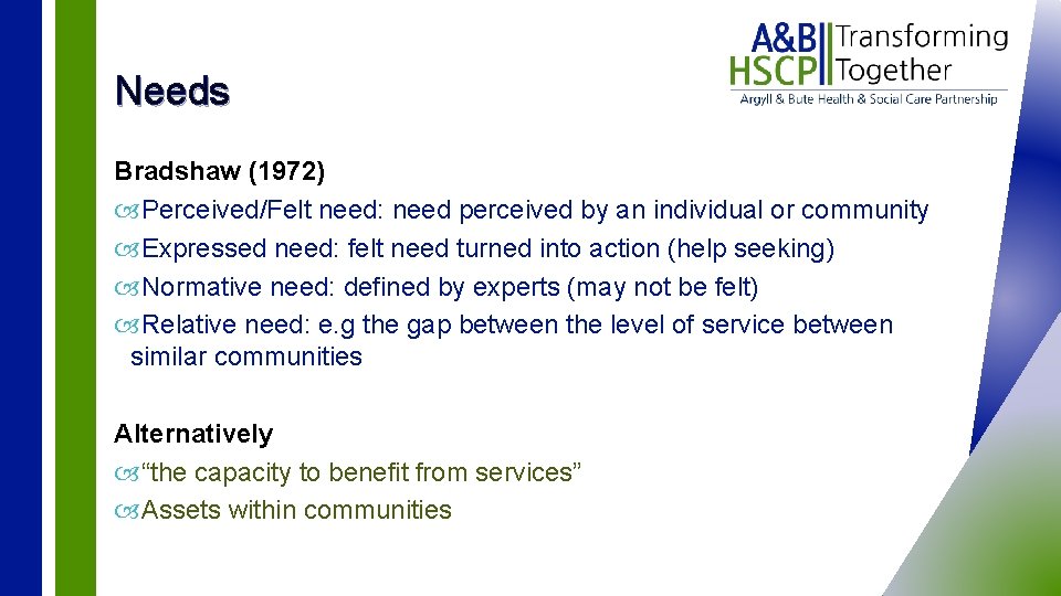 Needs Bradshaw (1972) Perceived/Felt need: need perceived by an individual or community Expressed need: