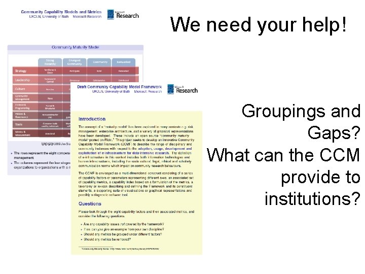 We need your help! Groupings and Gaps? What can the CCM provide to institutions?