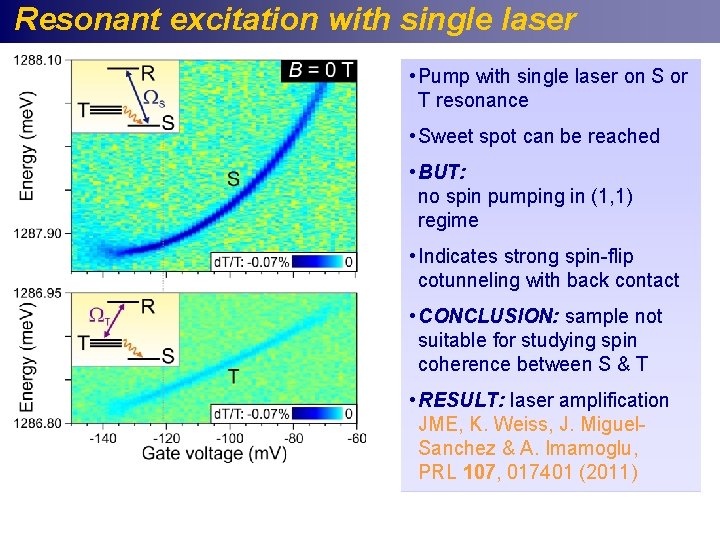 Resonant excitation with single laser • Pump with single laser on S or T