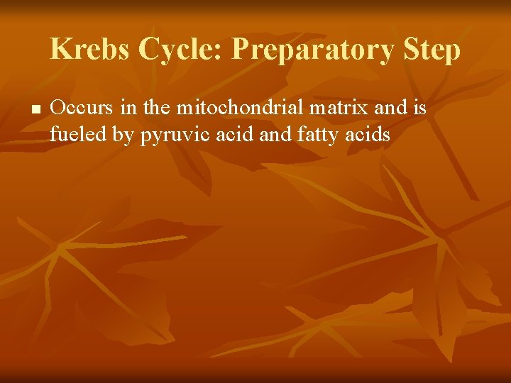 Krebs Cycle: Preparatory Step n Occurs in the mitochondrial matrix and is fueled by