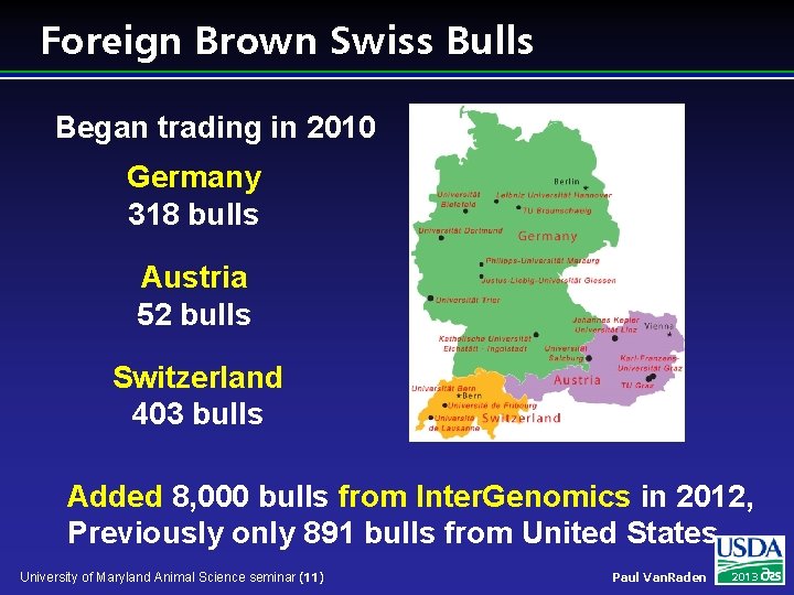 Foreign Brown Swiss Bulls Began trading in 2010 Germany 318 bulls Austria 52 bulls