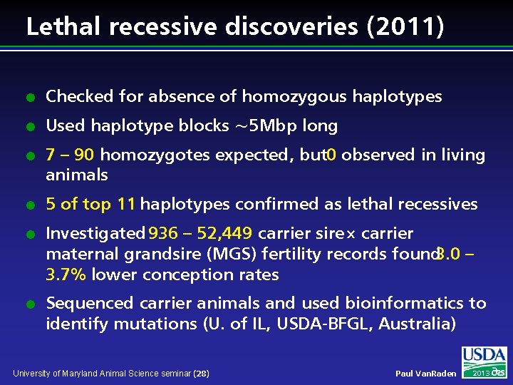 Lethal recessive discoveries (2011) l Checked for absence of homozygous haplotypes l Used haplotype
