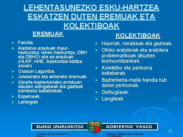 LEHENTASUNEZKO ESKU-HARTZEA ESKATZEN DUTEN EREMUAK ETA KOLEKTIBOAK EREMUAK Ø Ø Ø Ø Familia. Ikastetxe