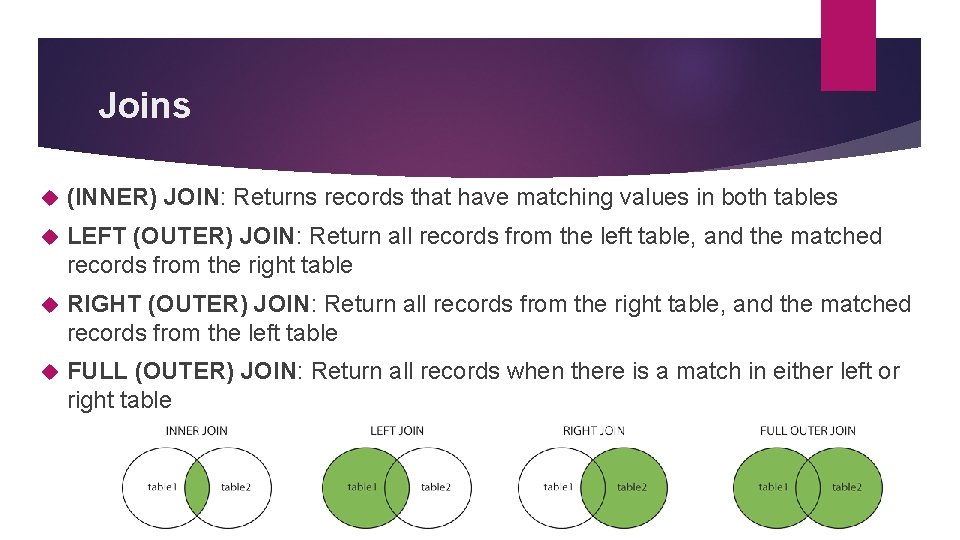 Joins (INNER) JOIN: Returns records that have matching values in both tables LEFT (OUTER) Joins (INNER) JOIN: Returns records that have matching values in both tables LEFT (OUTER)