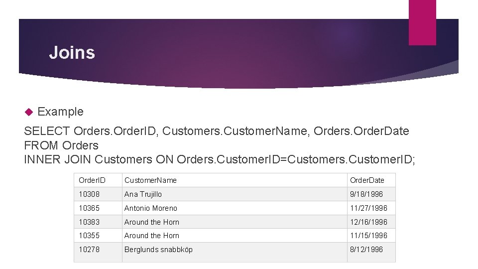 Joins Example SELECT Orders. Order. ID, Customers. Customer. Name, Orders. Order. Date FROM Orders Joins Example SELECT Orders. Order. ID, Customers. Customer. Name, Orders. Order. Date FROM Orders