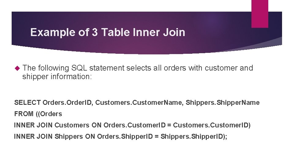 Example of 3 Table Inner Join The following SQL statement selects all orders with Example of 3 Table Inner Join The following SQL statement selects all orders with