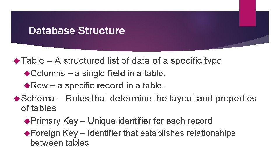Database Structure Table – A structured list of data of a specific type Columns Database Structure Table – A structured list of data of a specific type Columns