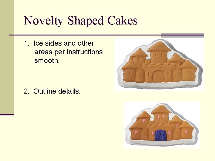 Novelty Shaped Cakes 1. Ice sides and other areas per instructions smooth. 2. Outline