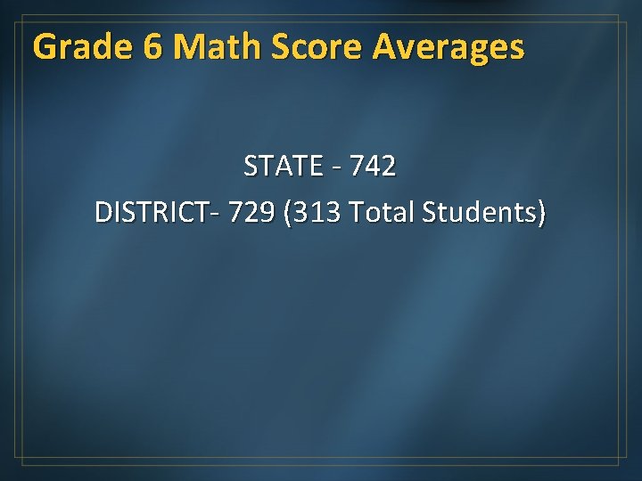 Grade 6 Math Score Averages STATE - 742 DISTRICT- 729 (313 Total Students) 