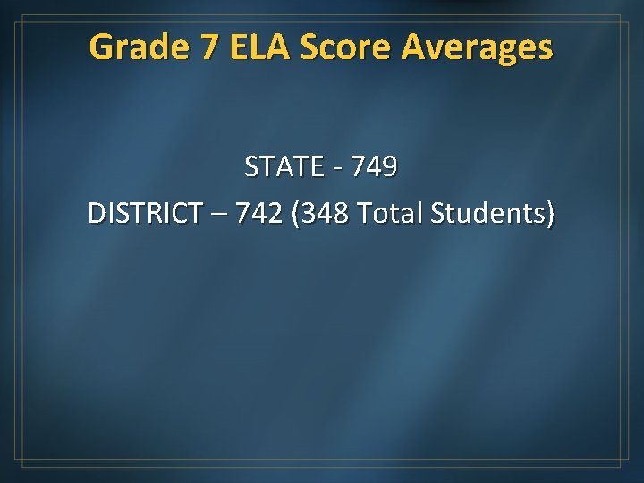 Grade 7 ELA Score Averages STATE - 749 DISTRICT – 742 (348 Total Students)