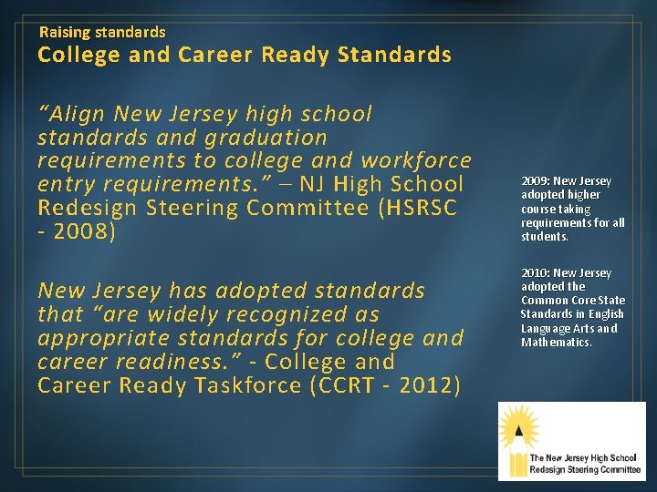 Raising standards College and Career Ready Standards “Align New Jersey high school standards and