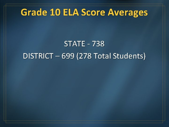 Grade 10 ELA Score Averages STATE - 738 DISTRICT – 699 (278 Total Students)