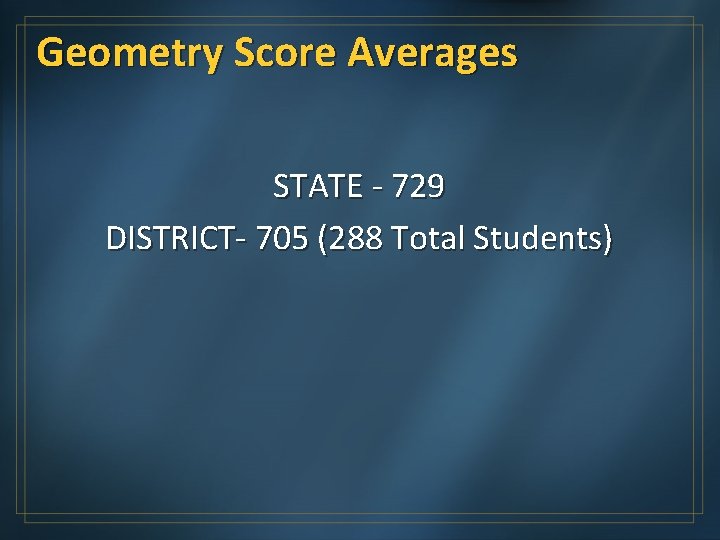 Geometry Score Averages STATE - 729 DISTRICT- 705 (288 Total Students) 