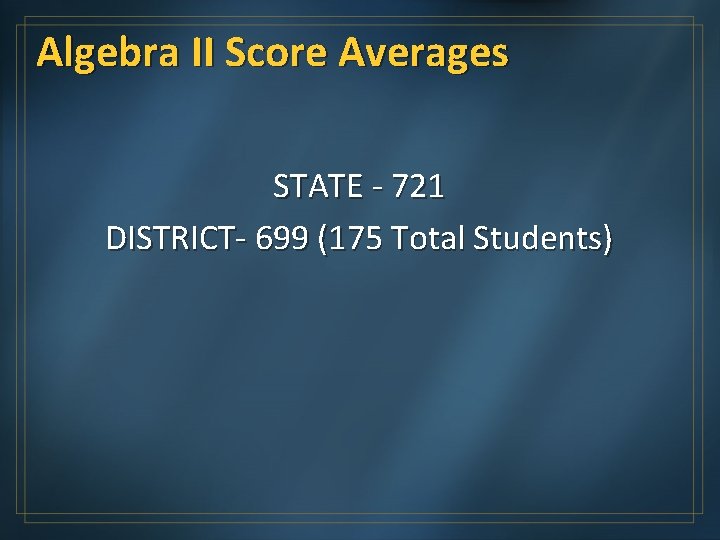 Algebra II Score Averages STATE - 721 DISTRICT- 699 (175 Total Students) 