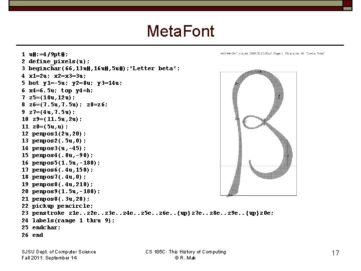 Meta. Font 1 u#: =4/9 pt#; 2 define_pixels(u); 3 beginchar(66, 13 u#, 16 u#,