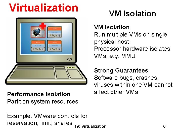 Virtualization VM Isolation Run multiple VMs on single physical host Processor hardware isolates VMs,