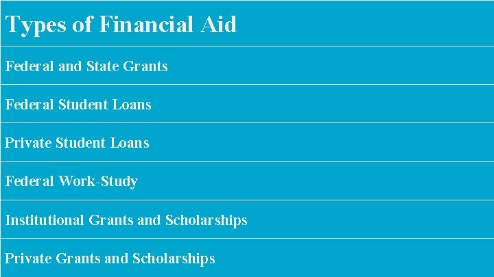 Types of Financial Aid Federal and State Grants Federal Student Loans Private Student Loans