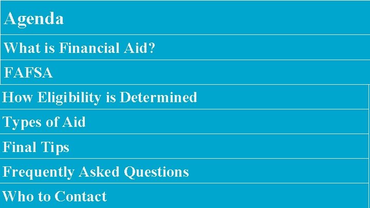 Agenda What is Financial Aid? FAFSA How Eligibility is Determined Types of Aid Final