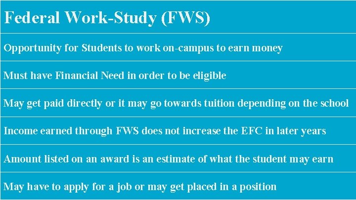Federal Work-Study (FWS) Opportunity for Students to work on-campus to earn money Must have