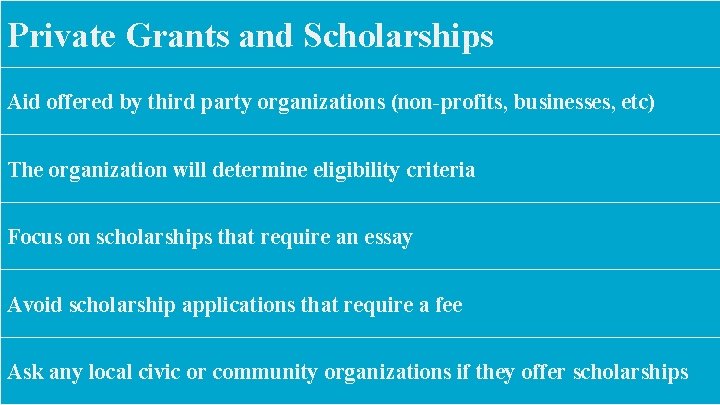 Private Grants and Scholarships Aid offered by third party organizations (non-profits, businesses, etc) The