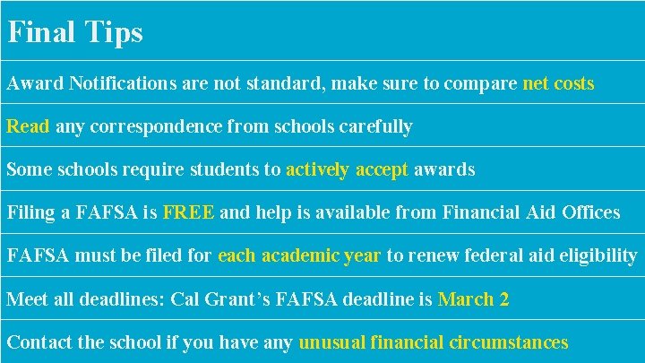 Final Tips Award Notifications are not standard, make sure to compare net costs Read