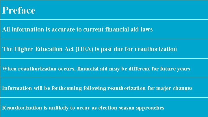 Preface All information is accurate to current financial aid laws The Higher Education Act