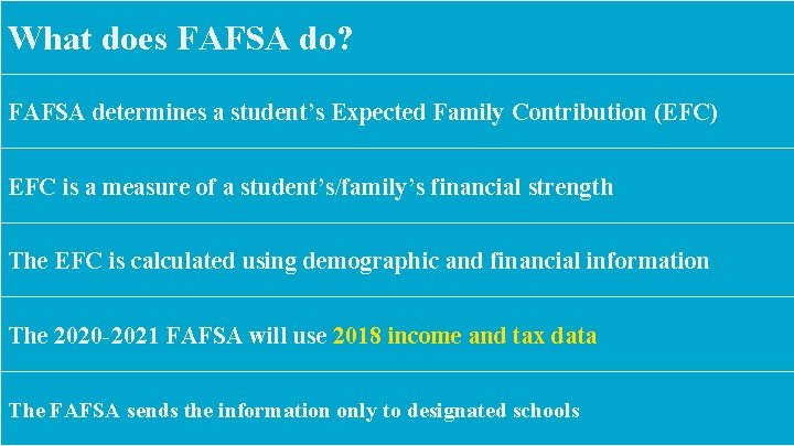 What does FAFSA do? FAFSA determines a student’s Expected Family Contribution (EFC) EFC is