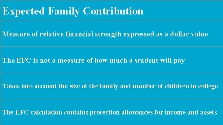 Expected Family Contribution Measure of relative financial strength expressed as a dollar value The