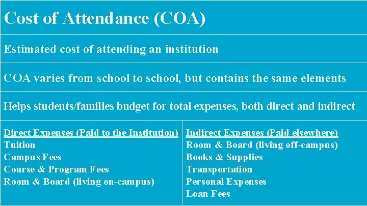 Cost of Attendance (COA) Estimated cost of attending an institution COA varies from school