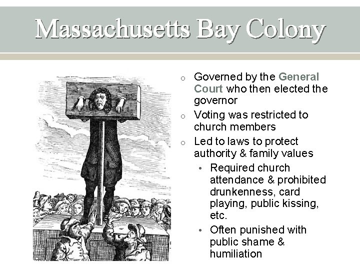Massachusetts Bay Colony o o o Governed by the General Court who then elected