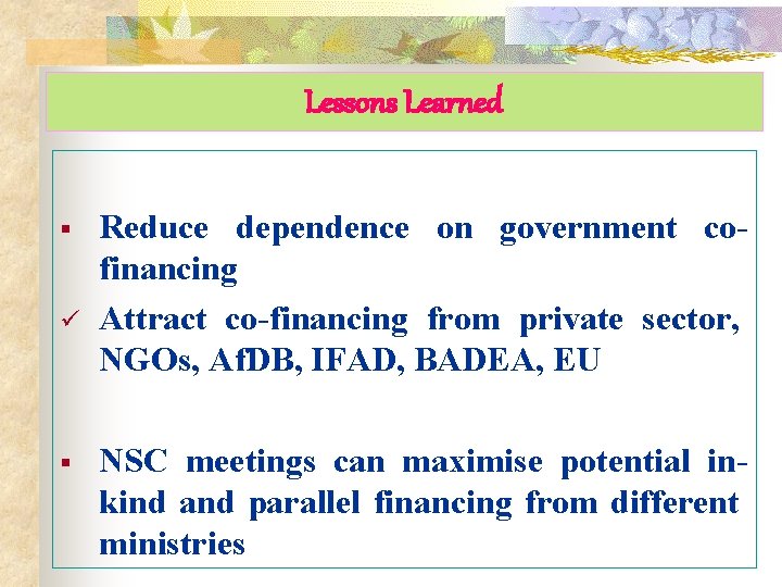 Lessons Learned § ü § Reduce dependence on government cofinancing Attract co-financing from private