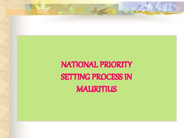 NATIONAL PRIORITY SETTING PROCESS IN MAURITIUS 