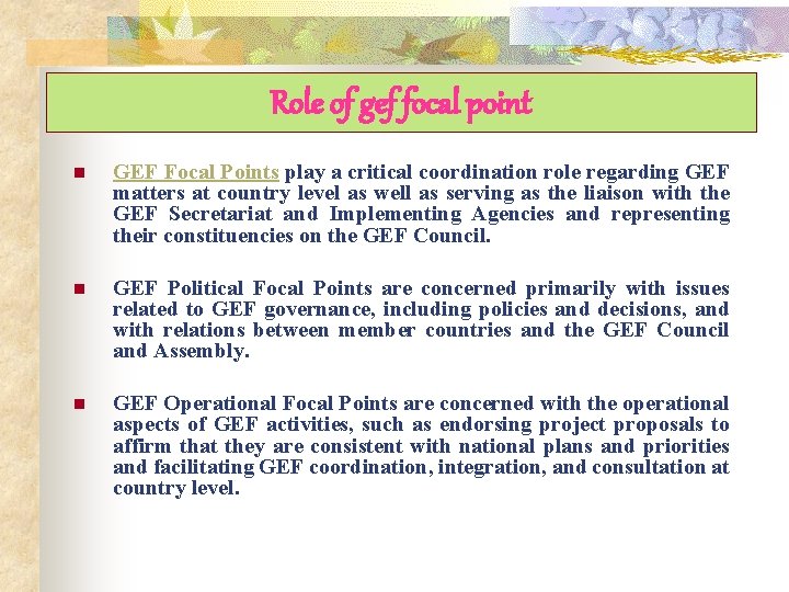 Role of gef focal point n GEF Focal Points play a critical coordination role